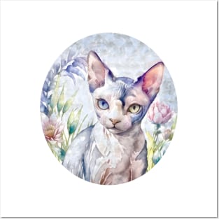 Sphynx cat with two color eyes in flowers Posters and Art